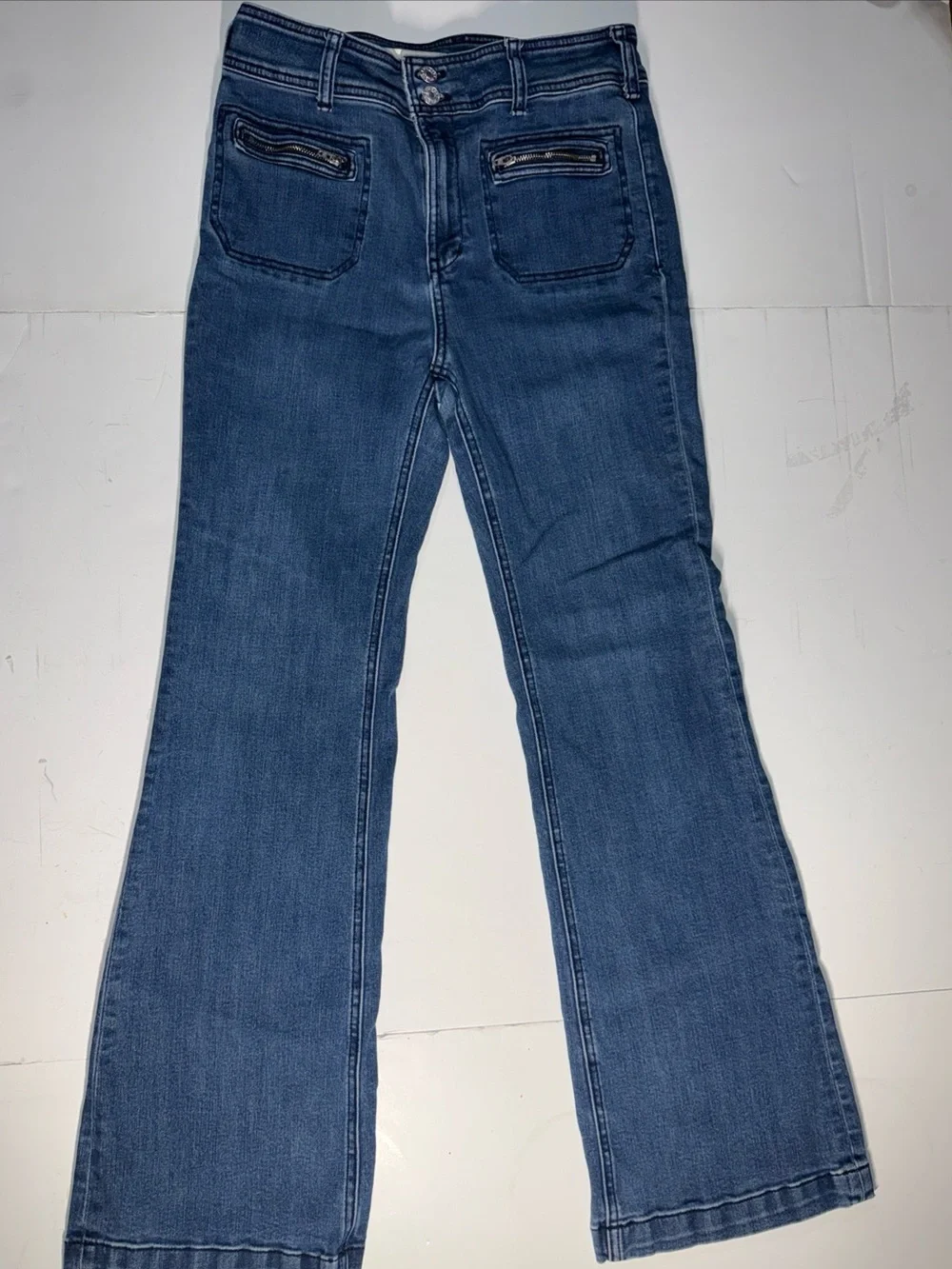 Anthropologie Dark Blue Flare Jeans with Zip Pocket Detail